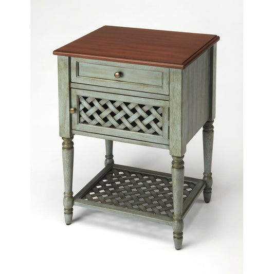CasaFoyer Elegant Mahogany Wood End Table with Two-Tone Finish, Storage Shelf, and Woven Lattice Door - Versatile for Living Room or Bedroom
