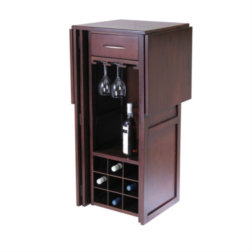 CasaFoyer Newport Wine Bar - Expandable Countertop, Holds 9 Bottles, Hanging Wine Glass Rack, Drawer & Open Shelf, Solid Wood, Walnut Finish