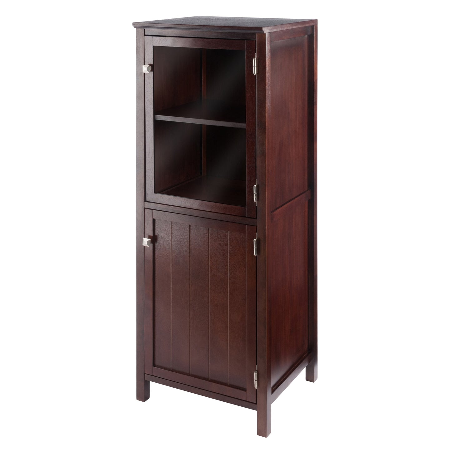 CasaFoyer French Country Style Wood Brooke Jelly Cupboard - 2-Section Cabinet with Wainscoting Panels, Tempered Glass Door, and Removable Shelves - Rustic Walnut Finish - 17.32" W x 15.75" D x 47.44" H