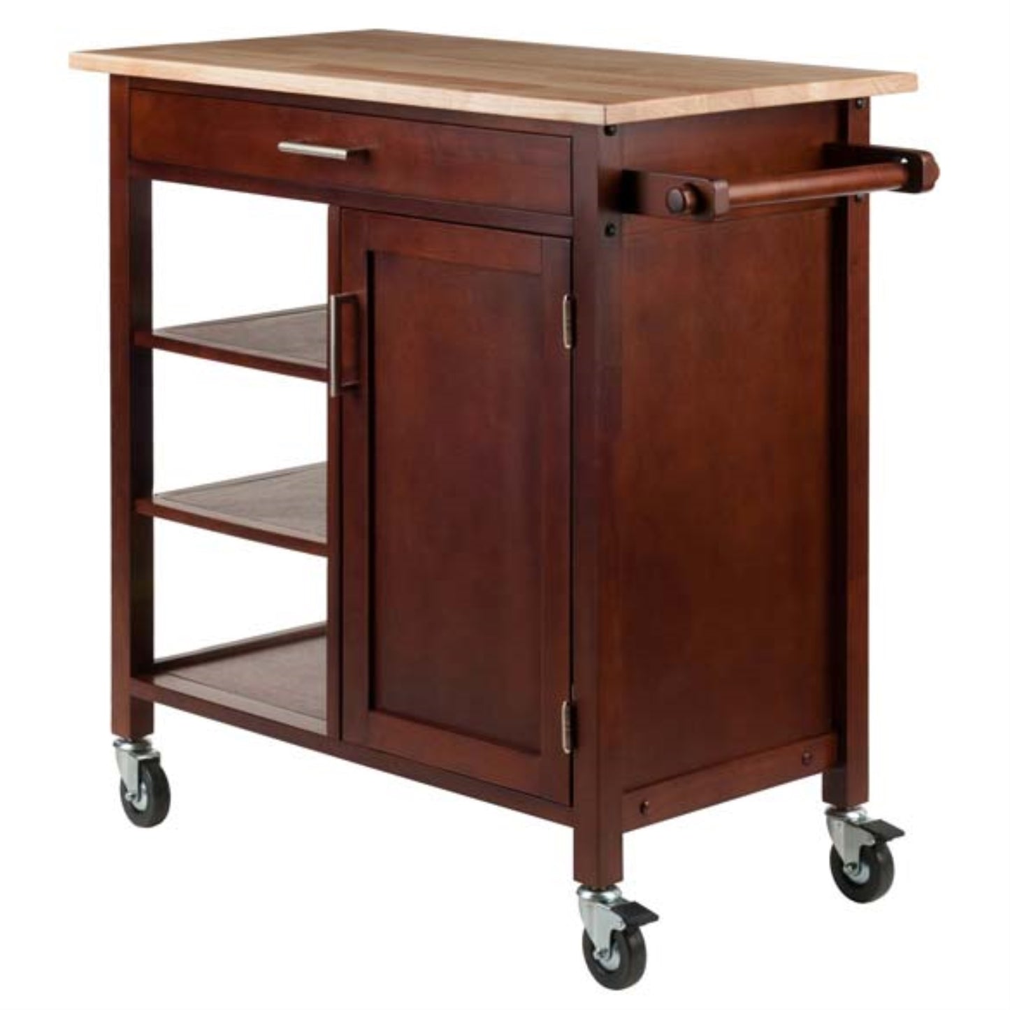 CasaFoyer Elegant Marissa Kitchen Cart - Two-Toned Design, Solid Beechwood Top, Walnut-Finished Cabinet, Ample Workspace, Removable Shelves, Enclosed Cabinet, Full-Width Drawer, Paper Towel Holder, Professional-Grade Casters, Durable Construction.