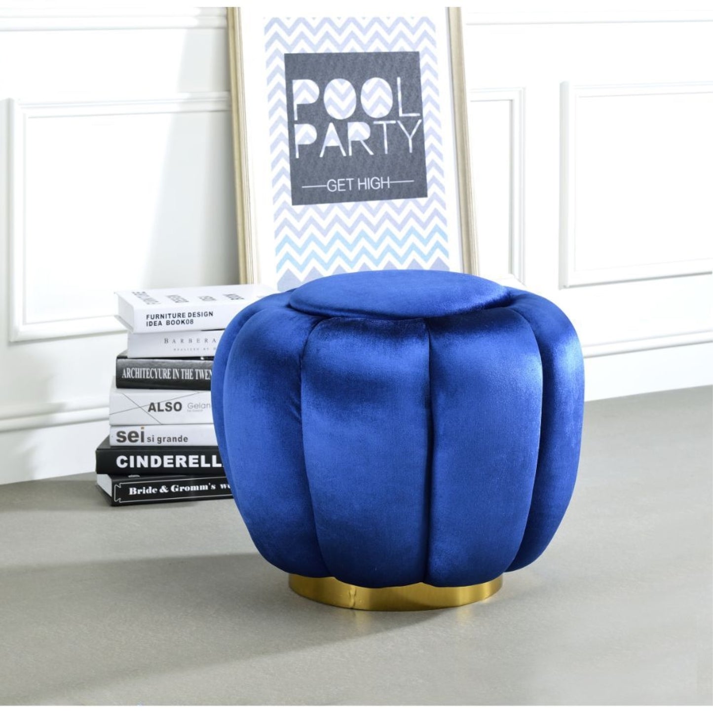 CasaFoyer Heiress Ottoman - Stylish & Versatile | Gold Metal Base | Sapphire Blue or Bubblegum Pink Velvet | Compact & Functional