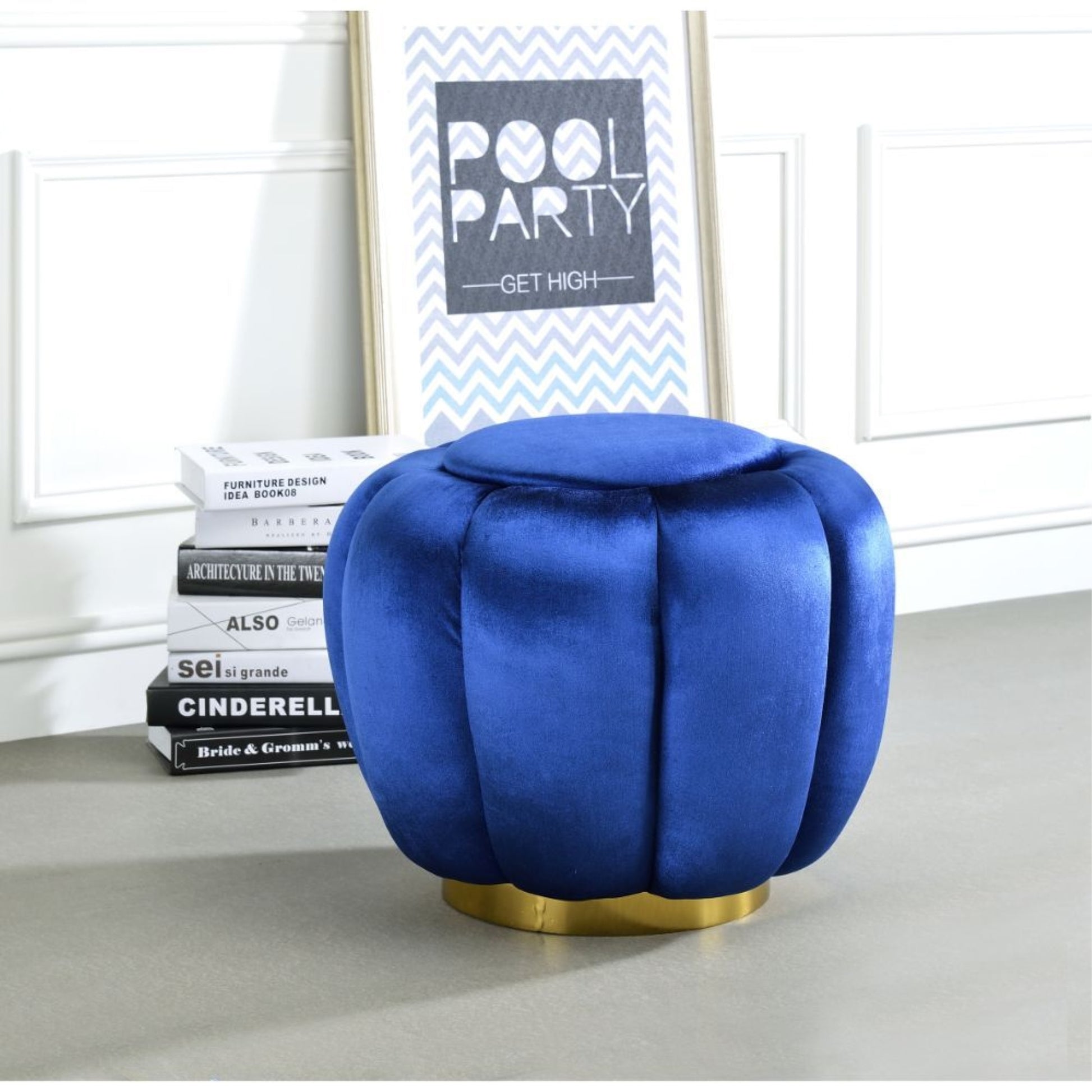CasaFoyer Heiress Ottoman - Stylish & Versatile | Gold Metal Base | Sapphire Blue or Bubblegum Pink Velvet | Compact & Functional