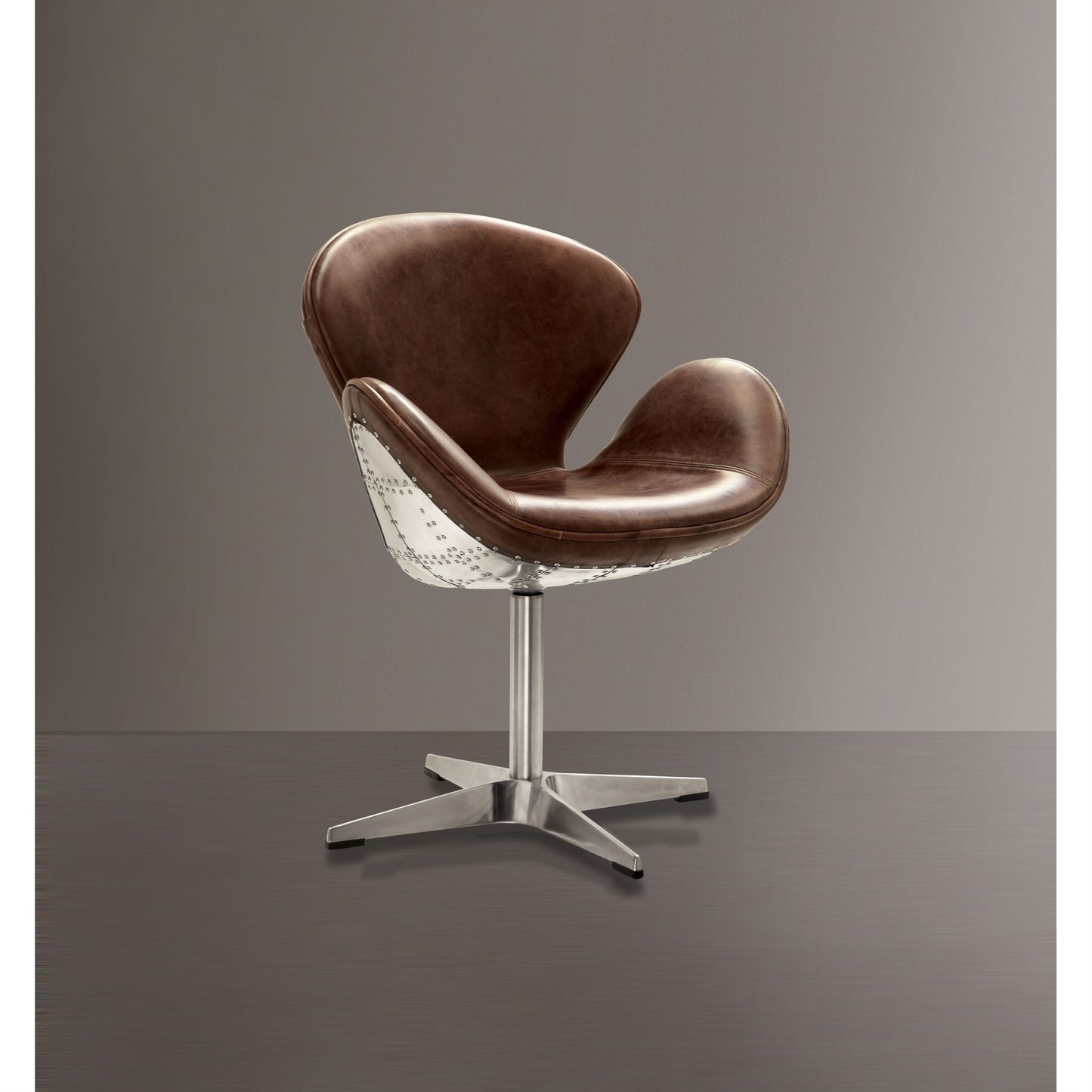 CasaFoyer Brancaster Accent Chair - Retro Brown TGL & Aluminum | Swivel Seat | Padded Top Grain Leather | Nailhead Trim | Sturdy Metal Base | Retro Elegance