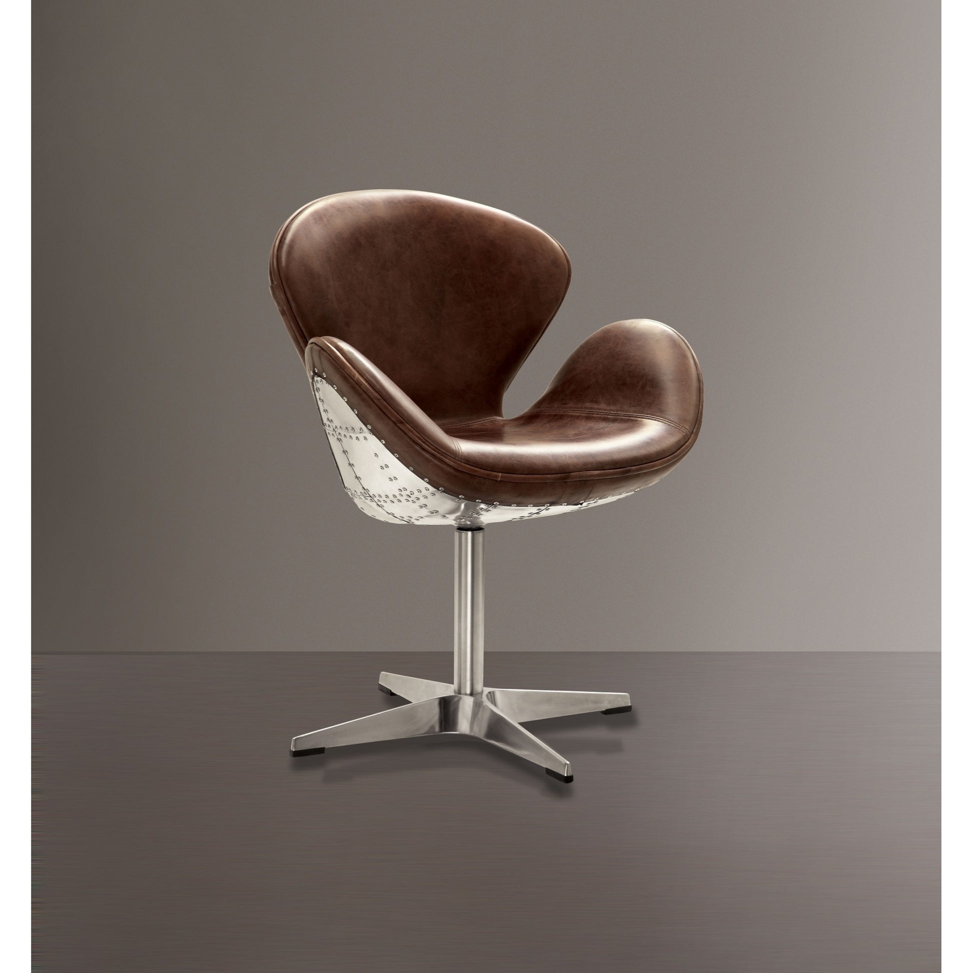 CasaFoyer Brancaster Accent Chair - Retro Brown TGL & Aluminum | Swivel Seat | Padded Top Grain Leather | Nailhead Trim | Sturdy Metal Base | Retro Elegance