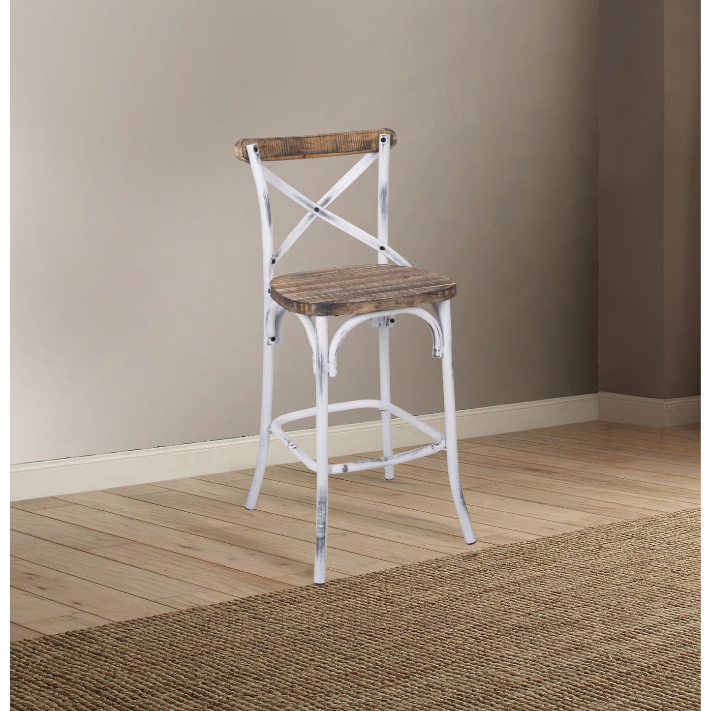 CasaFoyer Acme Furniture Zaire Vintage/Industrial Bar Chair in Antique White & Antique Oak - High Backrest, Metal & Wood Design, Splayed Legs, Footrests