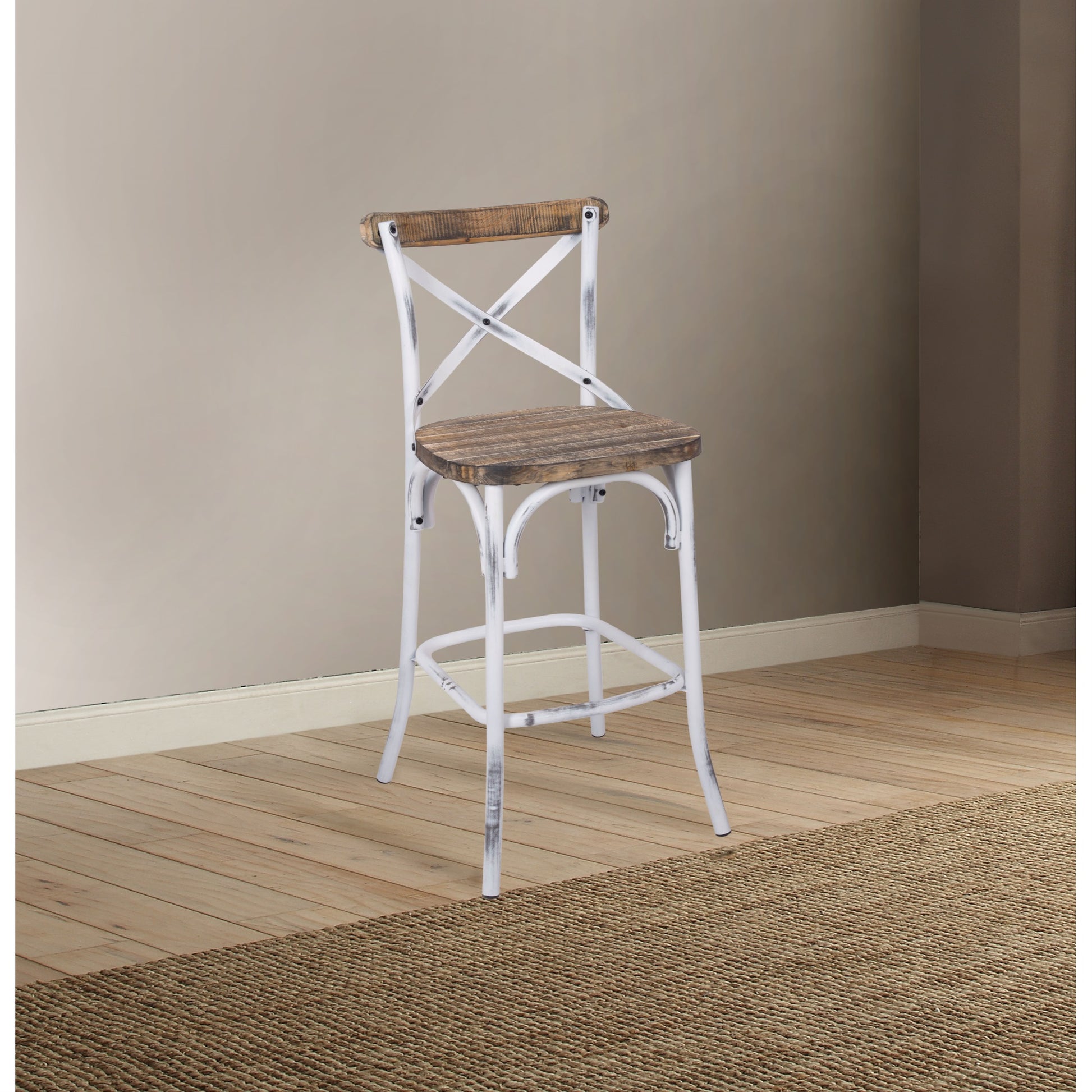 CasaFoyer Acme Furniture Zaire Vintage/Industrial Bar Chair in Antique White & Antique Oak - High Backrest, Metal & Wood Design, Splayed Legs, Footrests