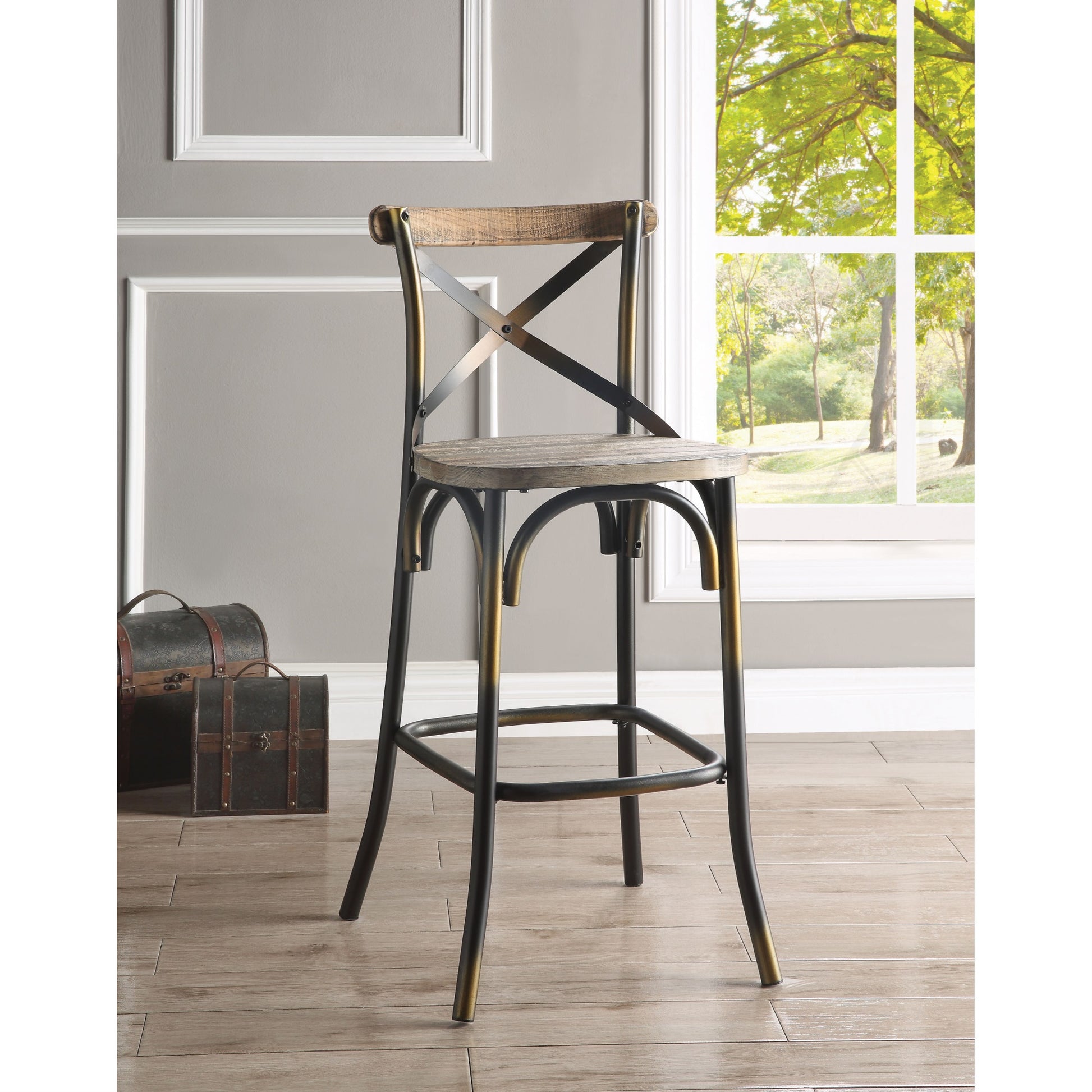 CasaFoyer Acme Furniture Zaire Vintage/Industrial Bar Chair - Antique Copper & Oak Finish, High Backrest, Metal & Wood Construction, Splayed Legs & Footrests