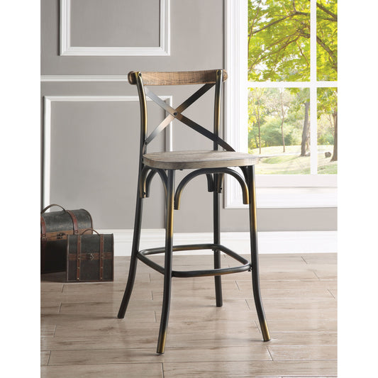 CasaFoyer Acme Furniture Zaire Vintage/Industrial Bar Chair - Antique Copper & Oak Finish, High Backrest, Metal & Wood Construction, Splayed Legs & Footrests