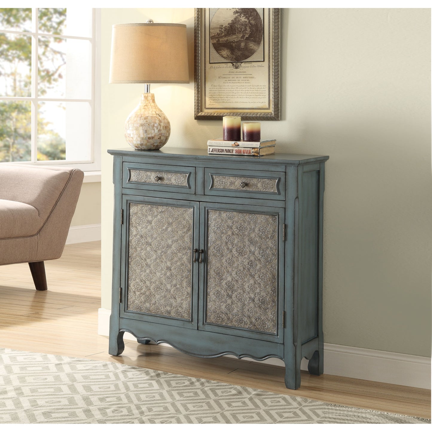 CasaFoyer Winchell Console Table in Antique Blue - Rectangular Shape with Storage Cabinet, 2 Drawers, and 2 Doors. Wood Veneer and Engineered Wood Construction. Fully Assembled. Arched Decorative Base. From the Winchell Collection by Acme Furniture.