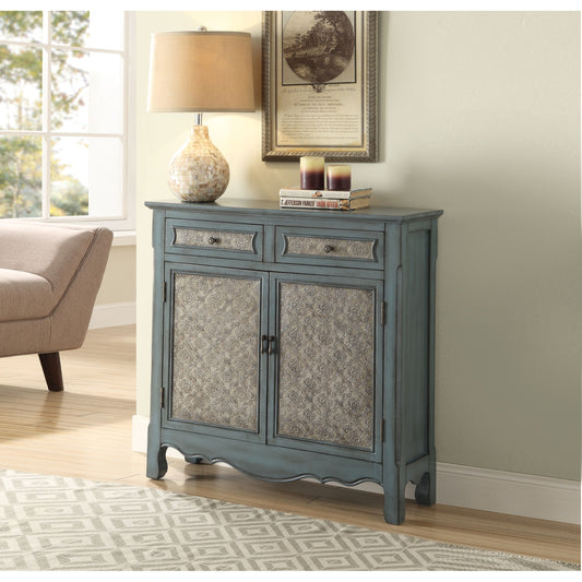 CasaFoyer Winchell Console Table in Antique Blue - Rectangular Shape with Storage Cabinet, 2 Drawers, and 2 Doors. Wood Veneer and Engineered Wood Construction. Fully Assembled. Arched Decorative Base. From the Winchell Collection by Acme Furniture.