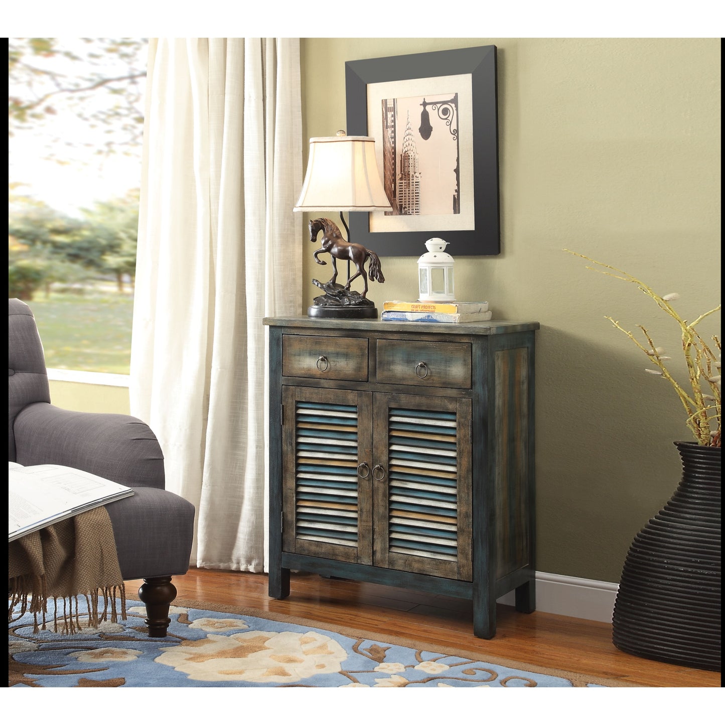 CasaFoyer Acme Furniture Glancio Console Table - Antique Oak & Teal, Rectangular Storage Cabinet with 2 Drawers and 2 Doors, Fully Assembled