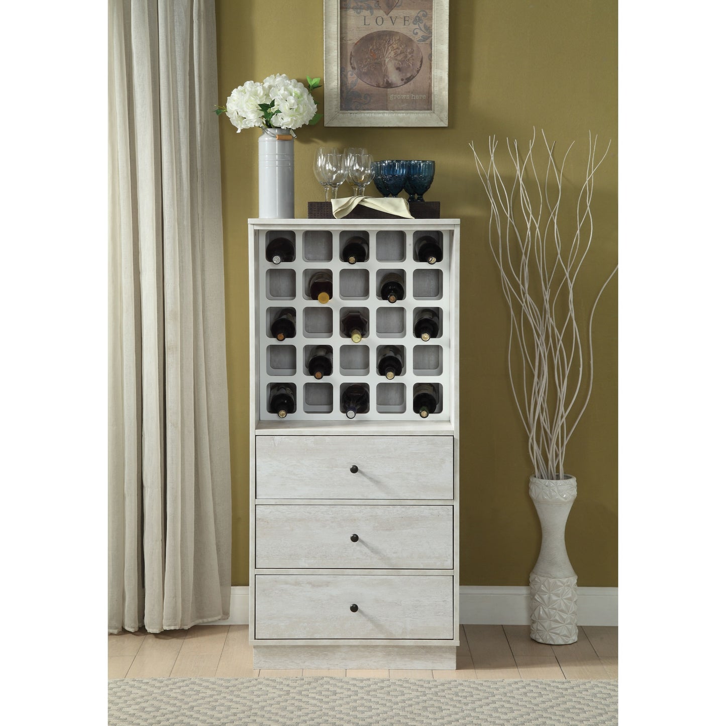 CasaFoyer Wiesta Wine Cabinet in Antique White - Holds 25 Bottles, 3 Drawers, High-Quality Wood Construction, Antique White Finish - 24.15" x 20" x 51.73"