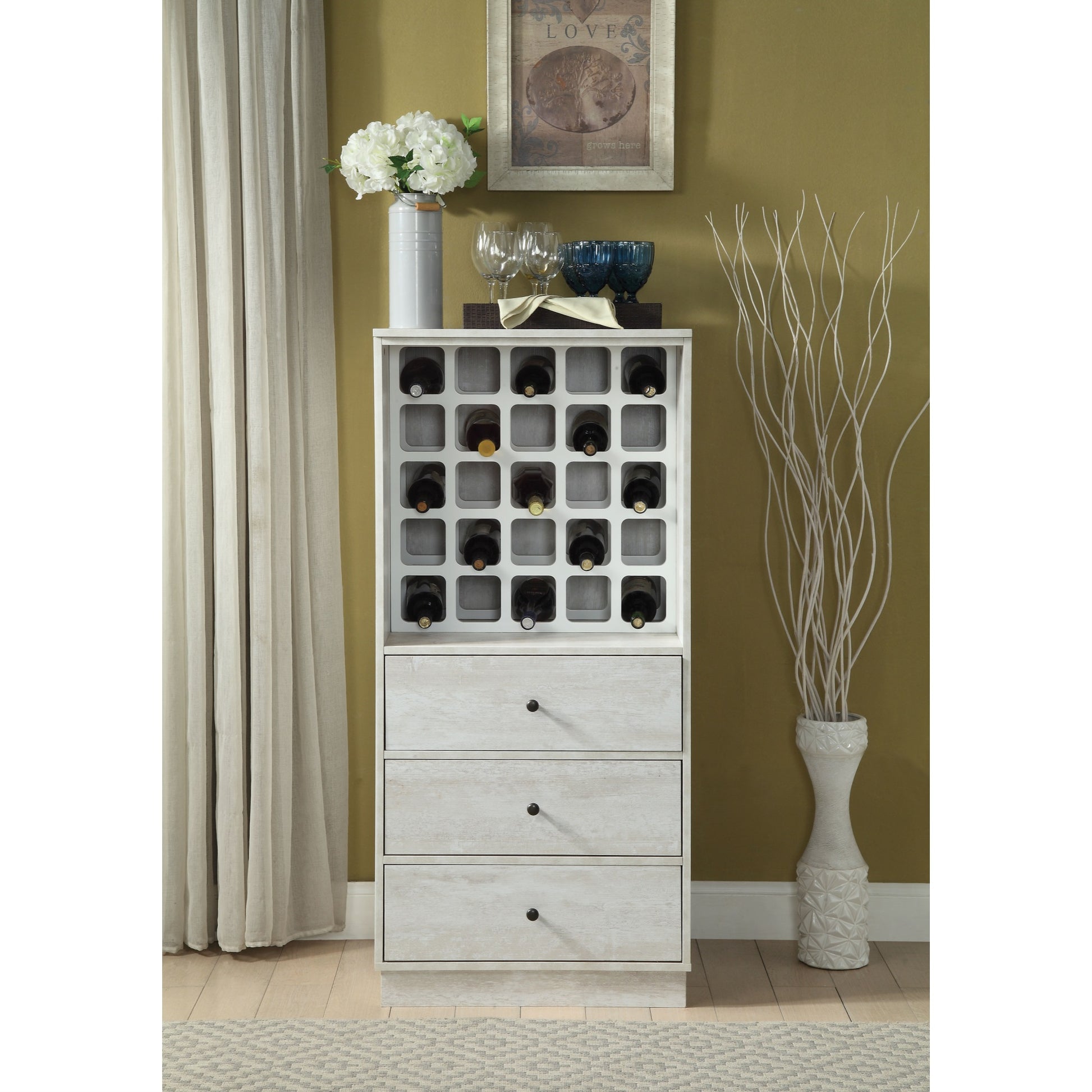 CasaFoyer Wiesta Wine Cabinet in Antique White - Holds 25 Bottles, 3 Drawers, High-Quality Wood Construction, Antique White Finish - 24.15" x 20" x 51.73"