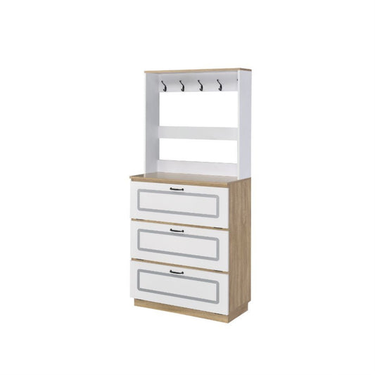 CasaFoyer Soothing and Airy Shoe Cabinet with Drop-Down Drawers and Metal Hooks - Light Oak & White Finish