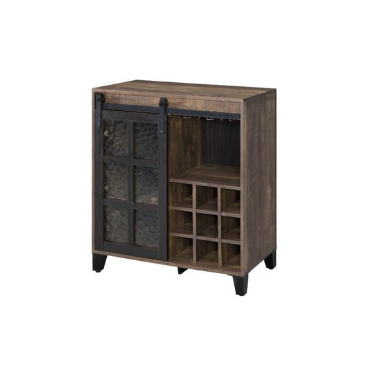 CasaFoyer "Treju Wine Cabinet - Rustic Oak & Black, Industrial Style, Adjustable Shelves, Wine & Stemware Rack, Obscure Glass Door"