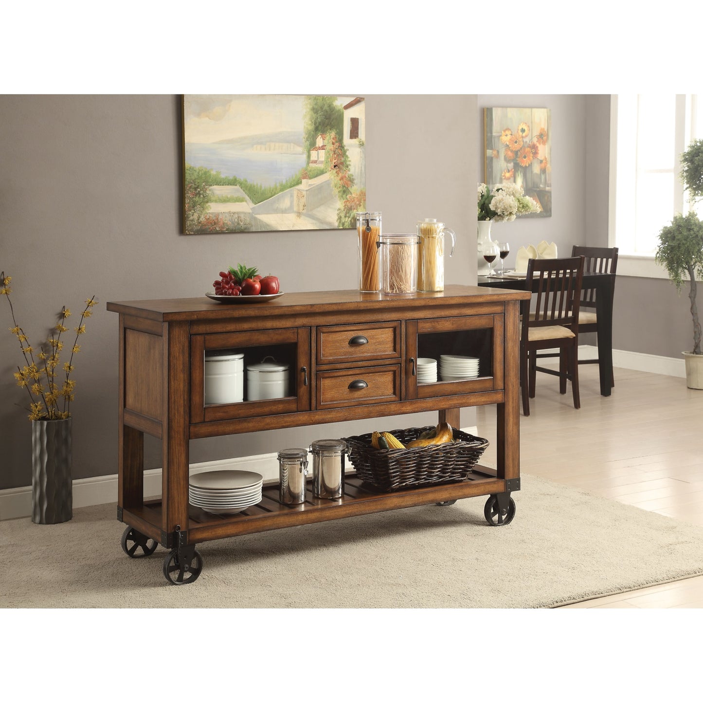 CasaFoyer Acme Furniture 98180 Kadri Kitchen Cart - Distressed Chestnut, Glass Door, 2 Drawers, Slatted Shelf, Caster Wheels - Versatile & Stylish