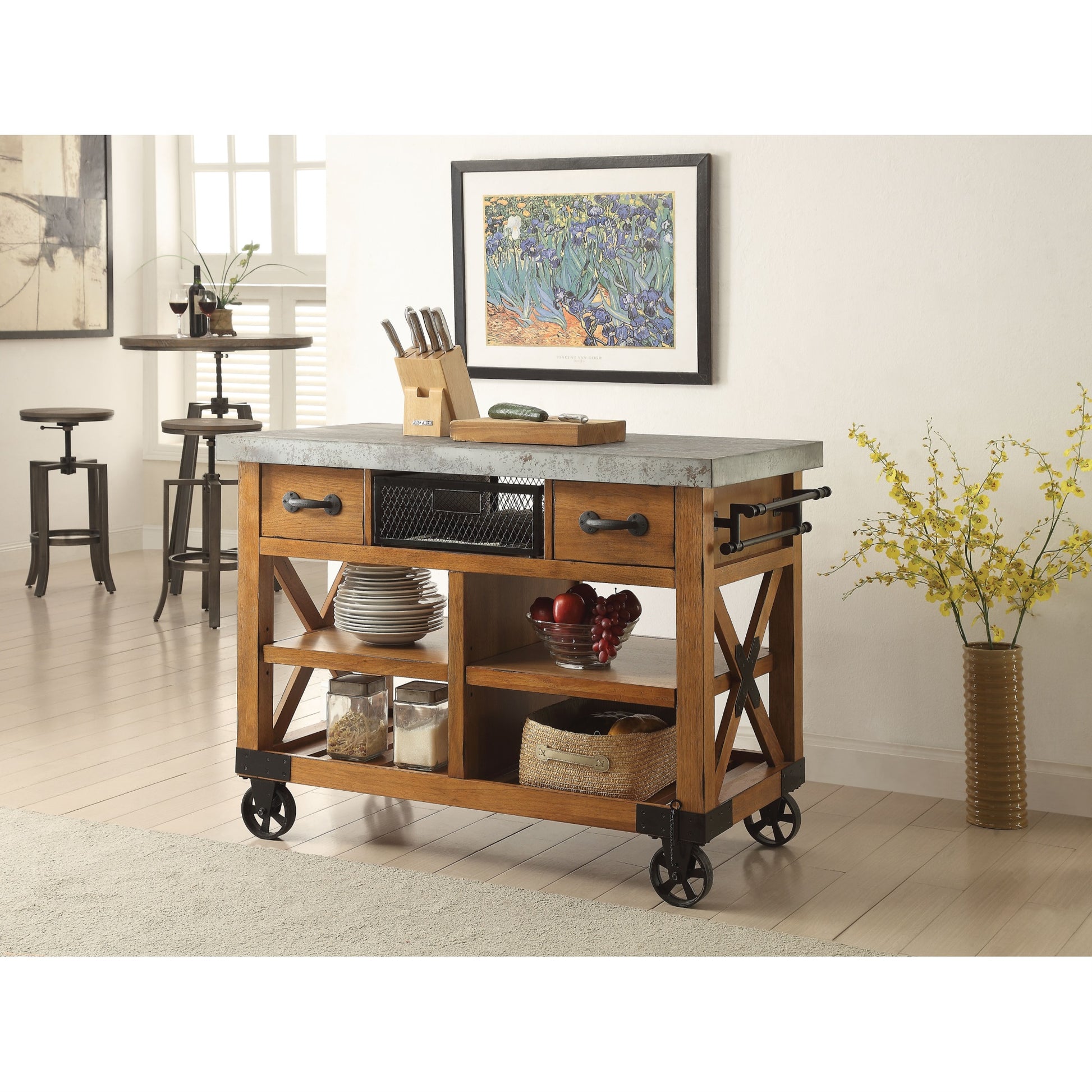 CasaFoyer Acme Furniture 98182 Kailey Kitchen Cart | Antique Oak | 2 Drawers | Adjustable Shelves | Towel Rack | Caster Wheels | Quality Craftsmanship