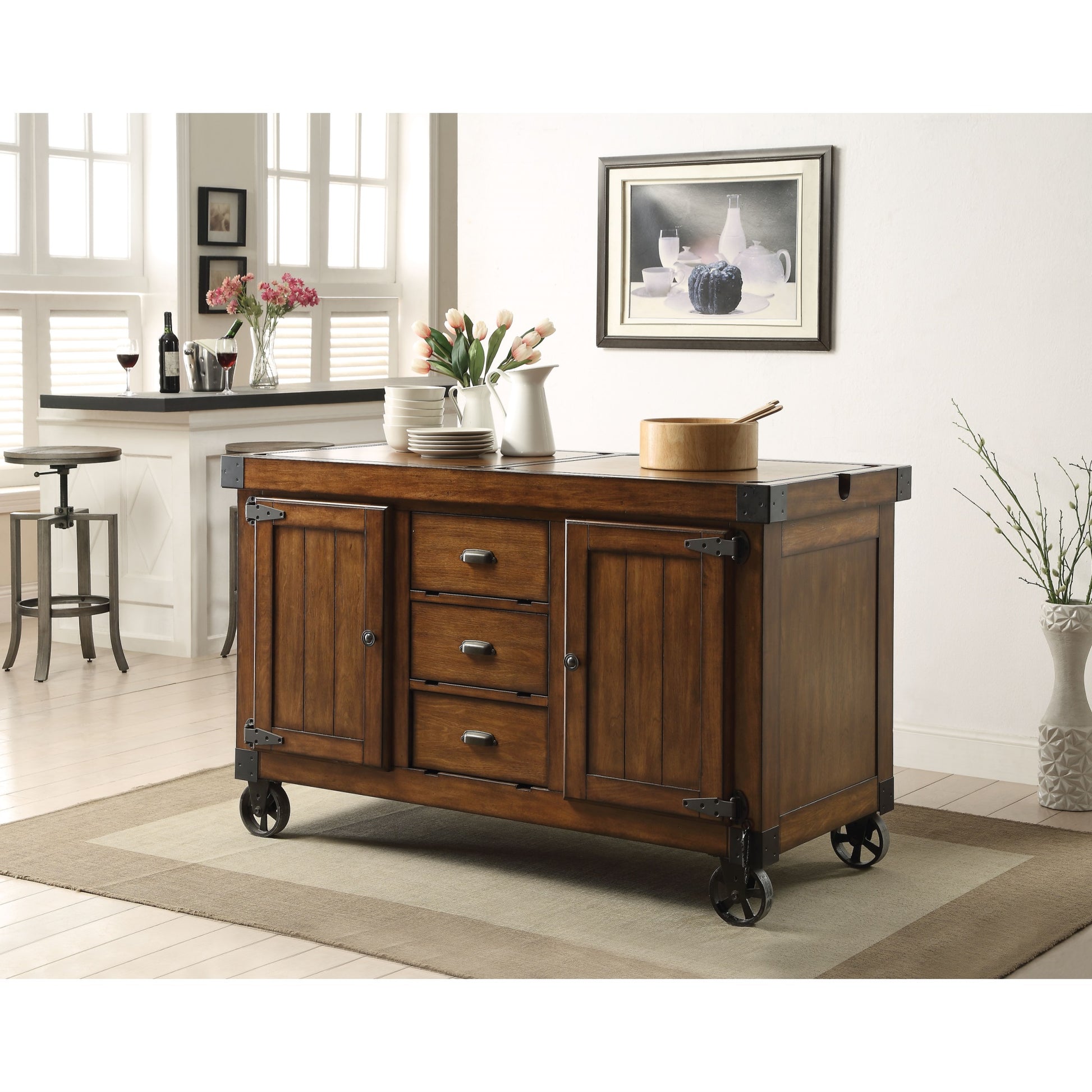 CasaFoyer Acme Furniture 98186 Kabili Kitchen Cart - Rectangular, Antique Tobacco, Removable Boards, 4 Wooden Doors, 3 Drawers, Caster Wheels