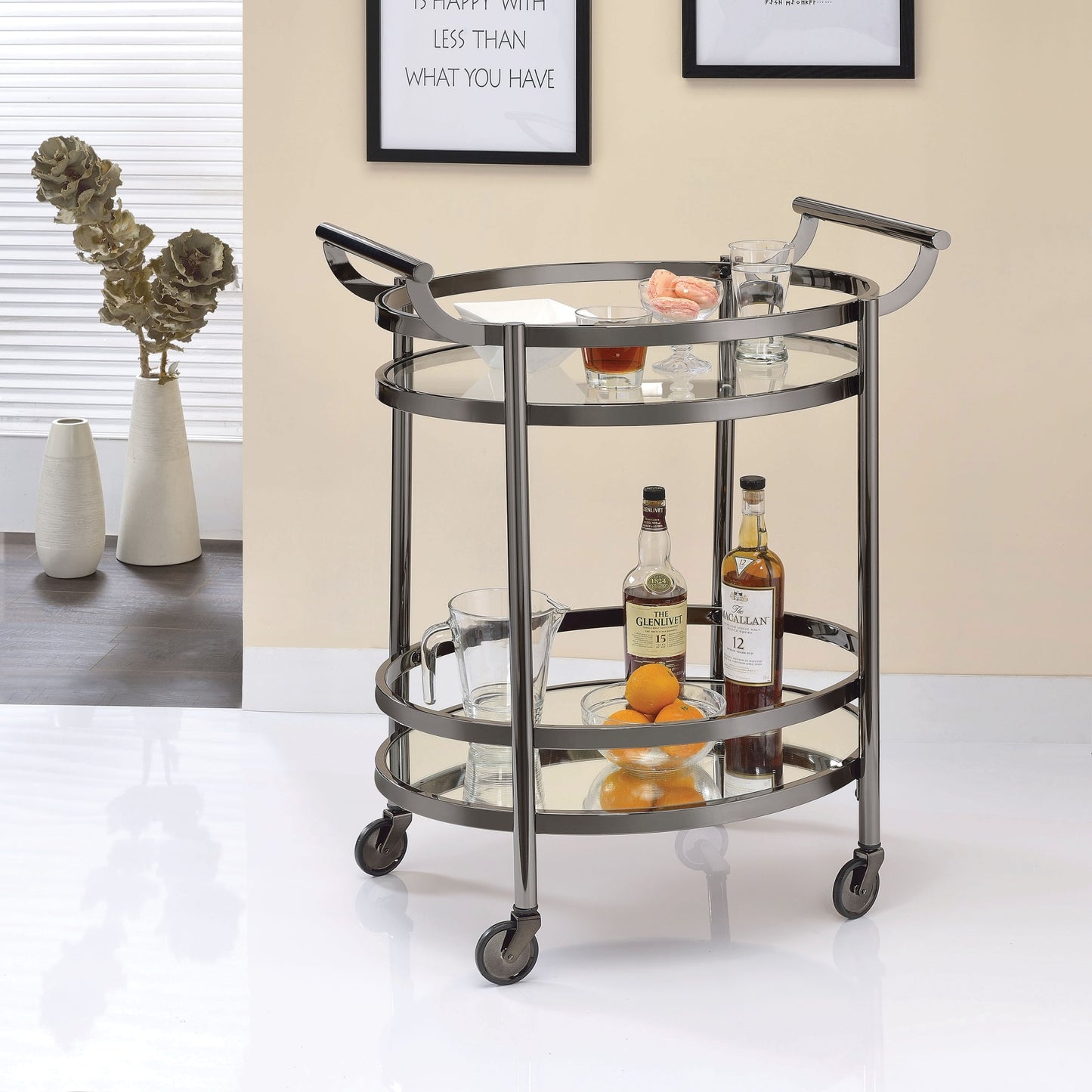 CasaFoyer Acme Furniture 98191 Lakelyn Serving Cart - Stylish and Functional with Black Nickel & Clear Glass Design, 2 Shelves, Tempered Glass Top, Mirror Bottom, Durable Metal Frame & Handles, Caster Wheels