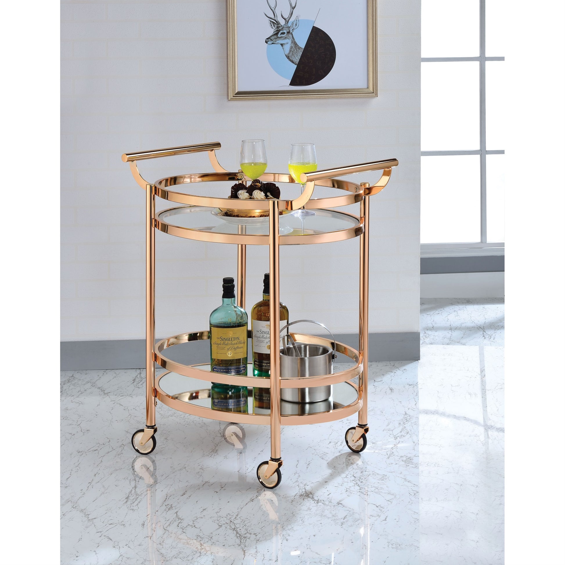 CasaFoyer Acme Furniture 98192 Lakelyn Rose Gold Metal Serving Cart with Glass Shelves and Caster Wheels