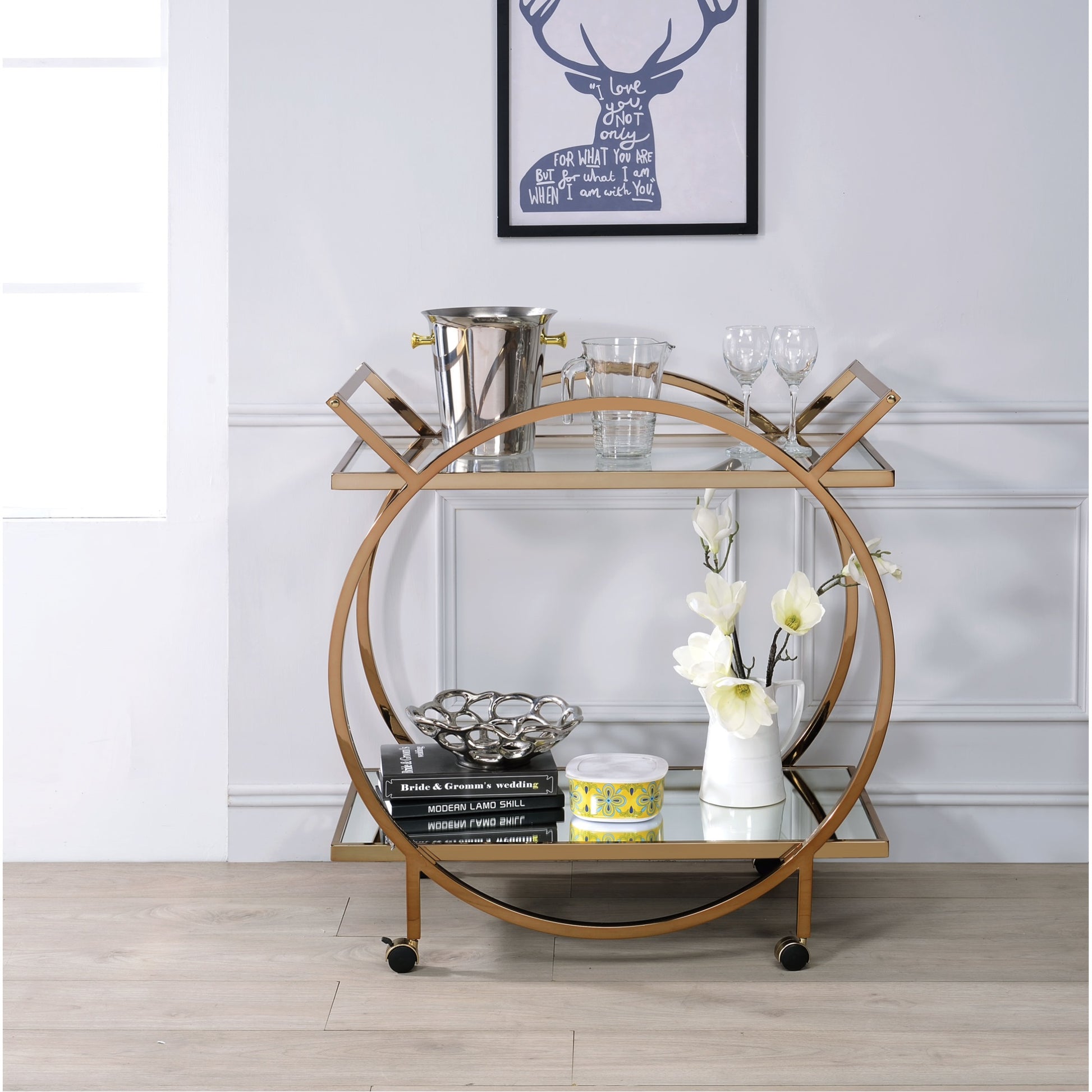 CasaFoyer Acme Furniture 98295 Traverse Champagne & Mirrored Serving Cart - Stylish, Customizable, Convenient Storage, Elegant Design, Caster Wheels