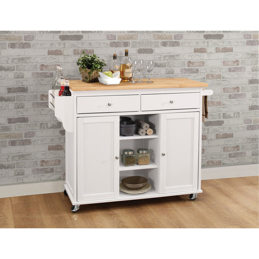 CasaFoyer Acme Furniture Tullarick Kitchen Cart - Natural & White Finish, Wooden Top, 2 Doors, 2 Drawers, Open Storage with 3 Compartments, Caster Wheels, Spice & Towel Rack