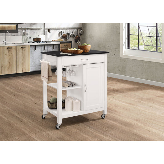 CasaFoyer Acme Furniture Ottawa Kitchen Cart - Black & White, Wooden Top, 1 Door, 1 Drawer, Open Storage, Stemware Rack, Caster Wheels, Towel Rack