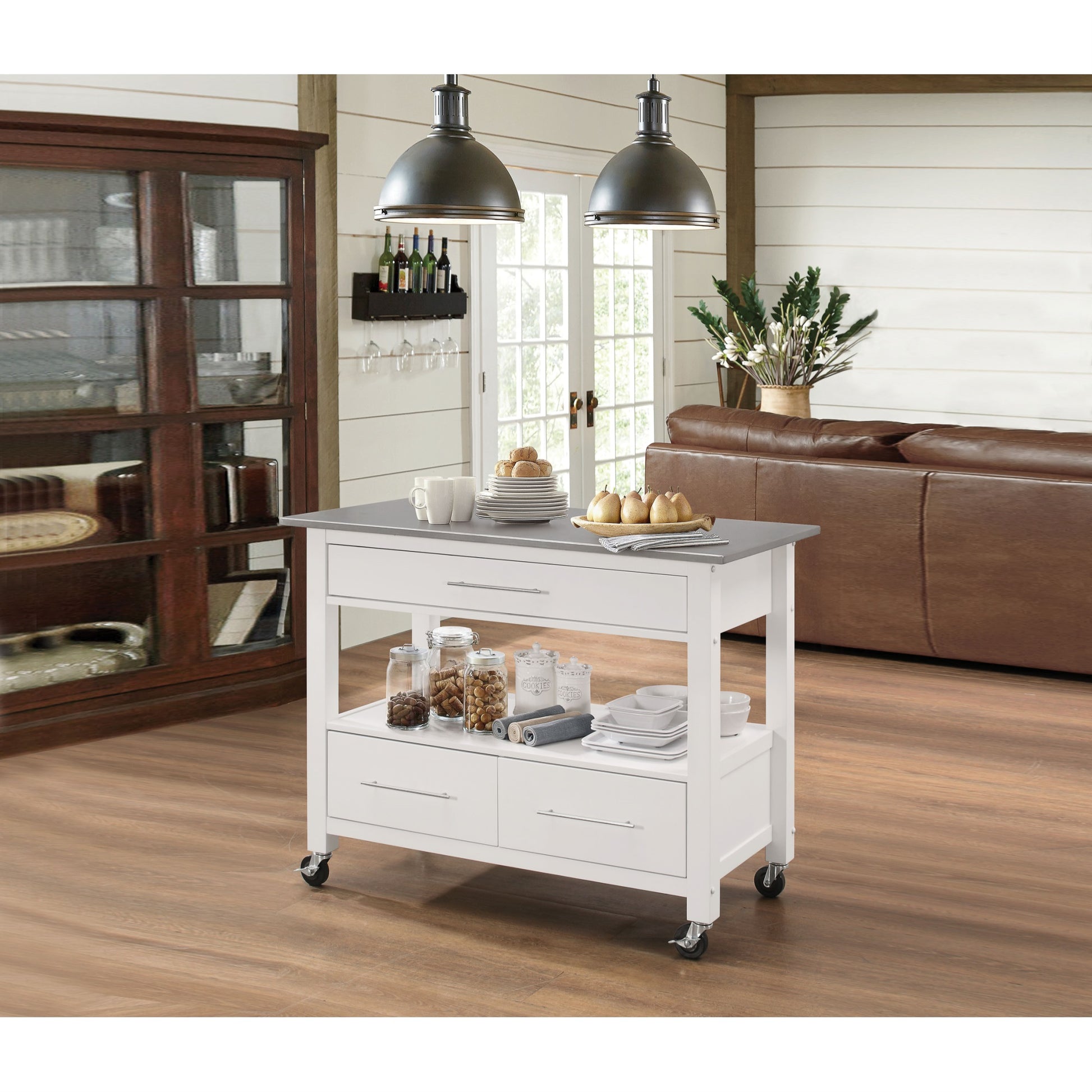 CasaFoyer Acme Furniture Ottawa Kitchen Cart 98330 - Stainless Steel & White, 3 Drawers, Open Storage, Caster Wheels, Durable & Stylish