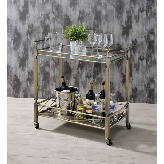 CasaFoyer Acme Furniture 98350 Matiesen Serving Cart - Antique Gold & Clear Glass, Open Compartment, 5mm Tempered Glass Top, Sturdy Metal Frame, Caster Wheels