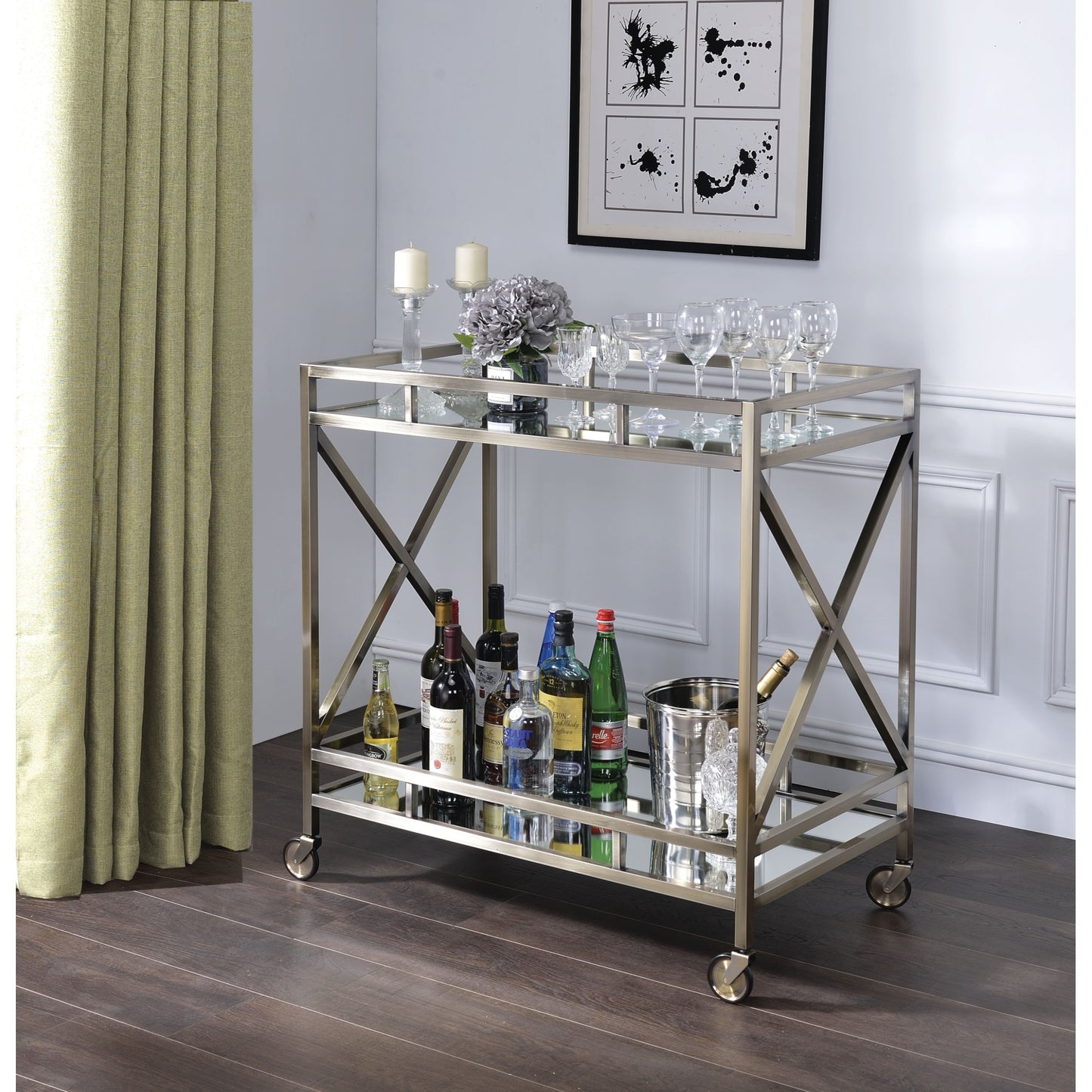 CasaFoyer Acme Furniture 98352 Kristensen Serving Cart - Antique Gold Metal Frame with Mirrored Top and Shelf, Spacious Storage, Elegant 5mm Mirrored Surface, Caster Wheels for Easy Mobility