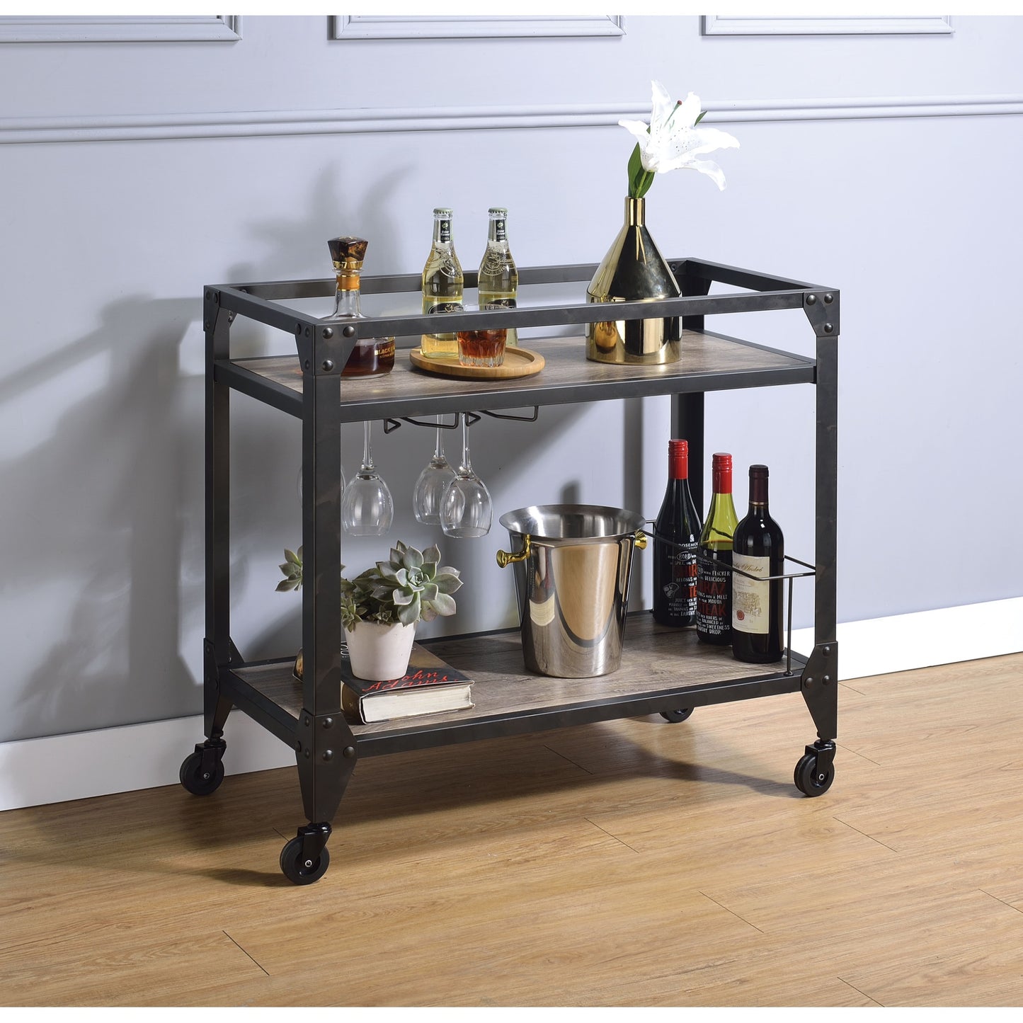 CasaFoyer Acme Furniture 98355 Jorgensen Serving Cart - Rustic Oak Wooden Top & Shelf, Charcoal Metal Frame, Caster Wheels, Ample Storage, Entertaining Essential