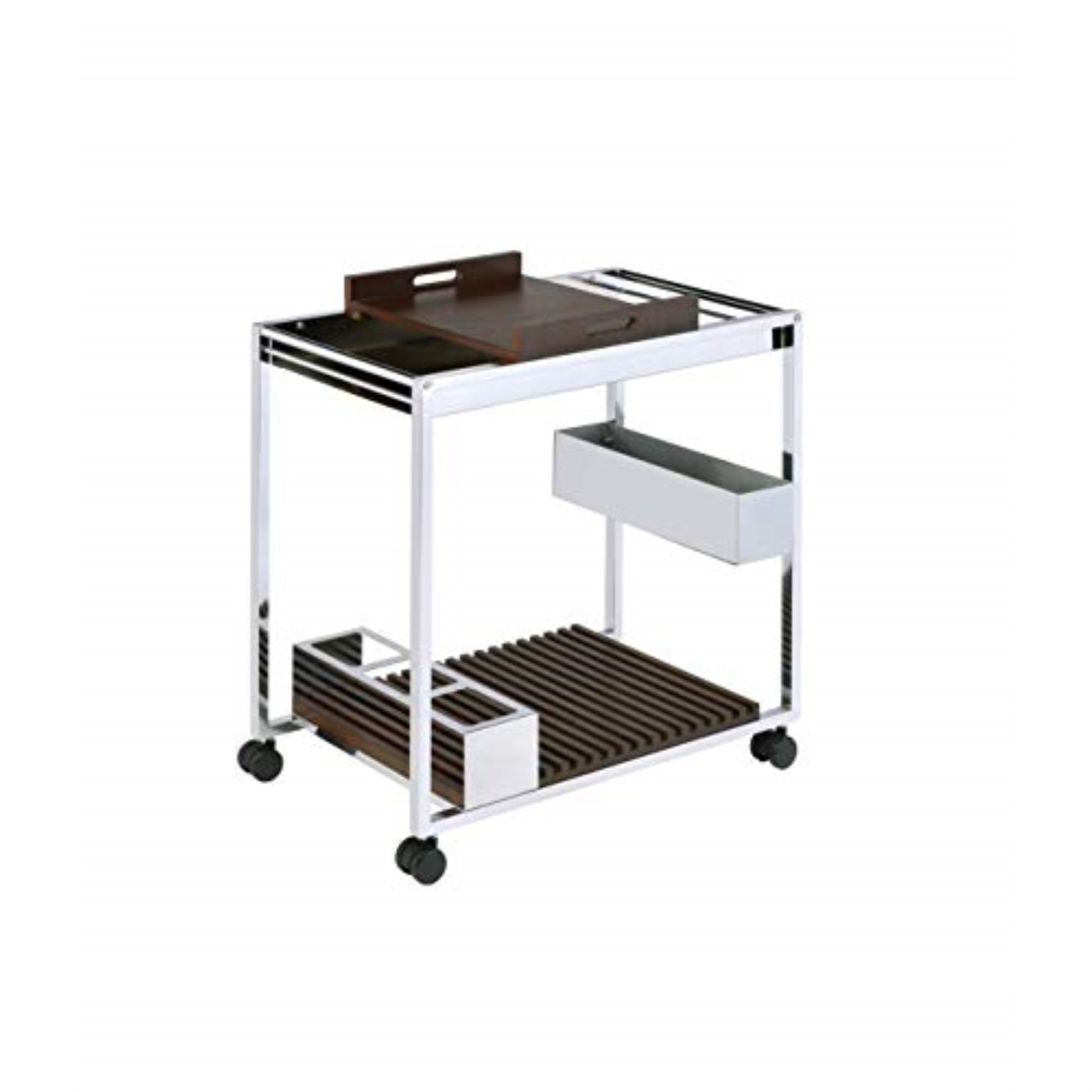 CasaFoyer Lisses Serving Cart - Chrome-Finished Metal, Open Storage Compartments, Wooden Tray, Wine Bottle Rack, Stemware Shelf, Caster Wheels