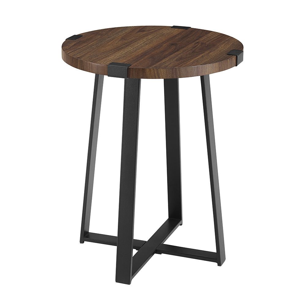 CasaFoyer 18" Rustic Urban Industrial Round Side Table - Dark Walnut Wood and Metal Wrap Accent Table for Bedroom or Living Room - Enhance Aesthetic Appeal