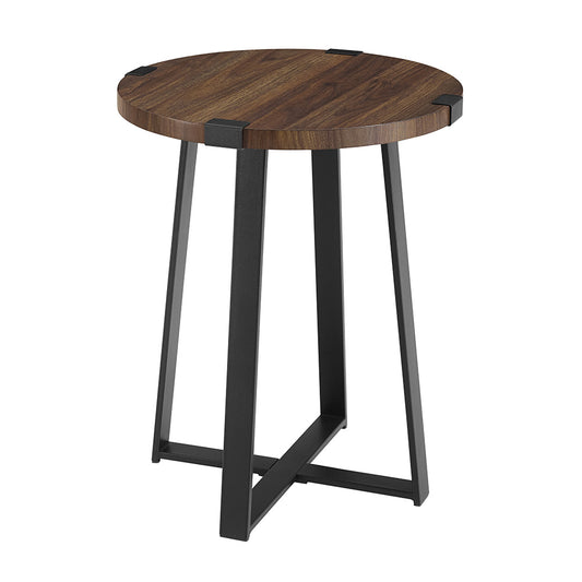 CasaFoyer 18" Rustic Urban Industrial Round Side Table - Dark Walnut Wood and Metal Wrap Accent Table for Bedroom or Living Room - Enhance Aesthetic Appeal