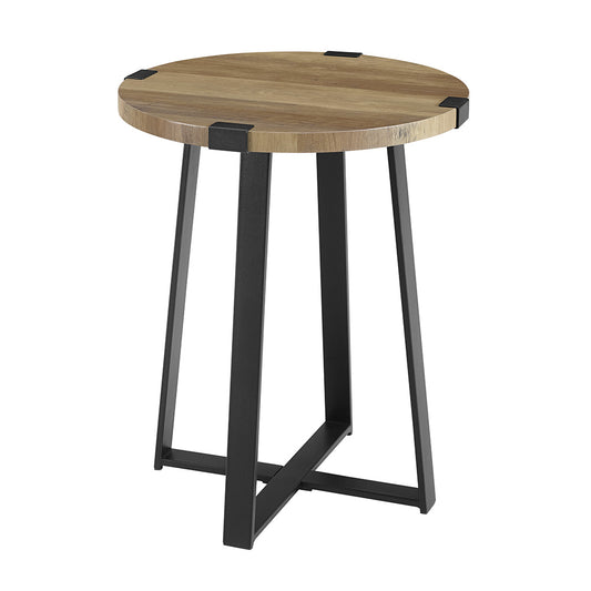 CasaFoyer Rustic Urban Industrial Round Side Table - Sturdy Metal Base, Natural Wood Grain, Durable Laminate Surface - Perfect for Bedroom or Living Room - 18" Rustic Oak