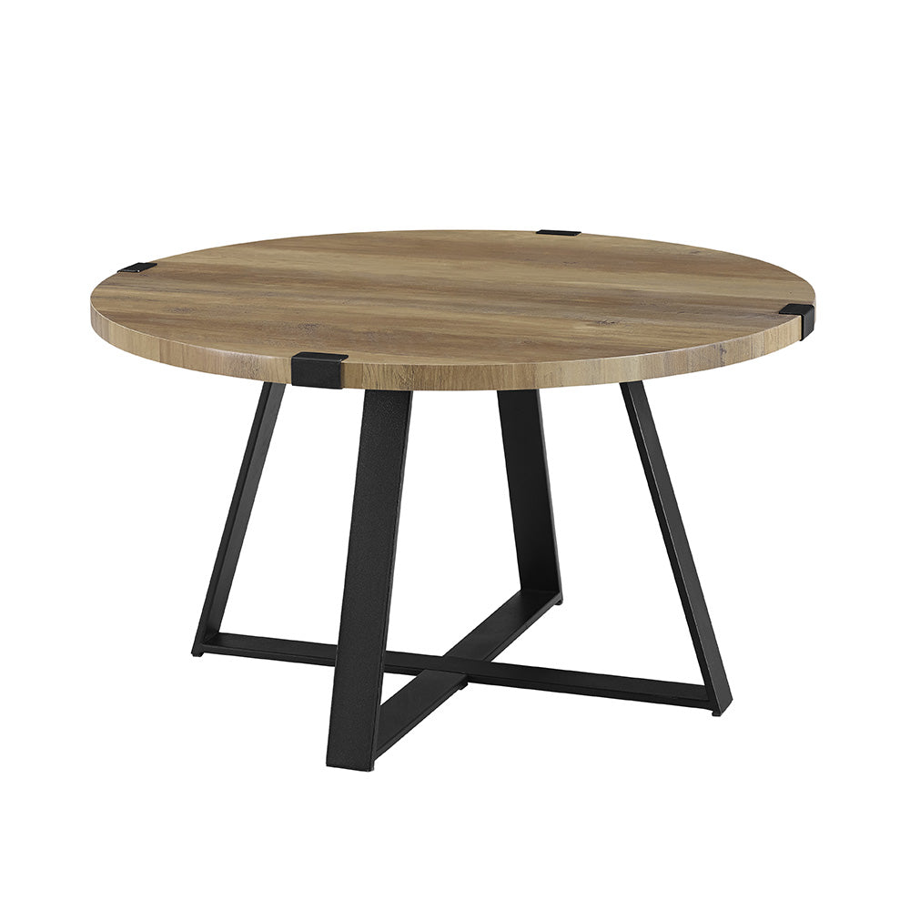 CasaFoyer Modern Industrial Circular Coffee Table - Metal Legs, Rustic Oak Top - Elegant Display for Books, Magazines, and Flowers