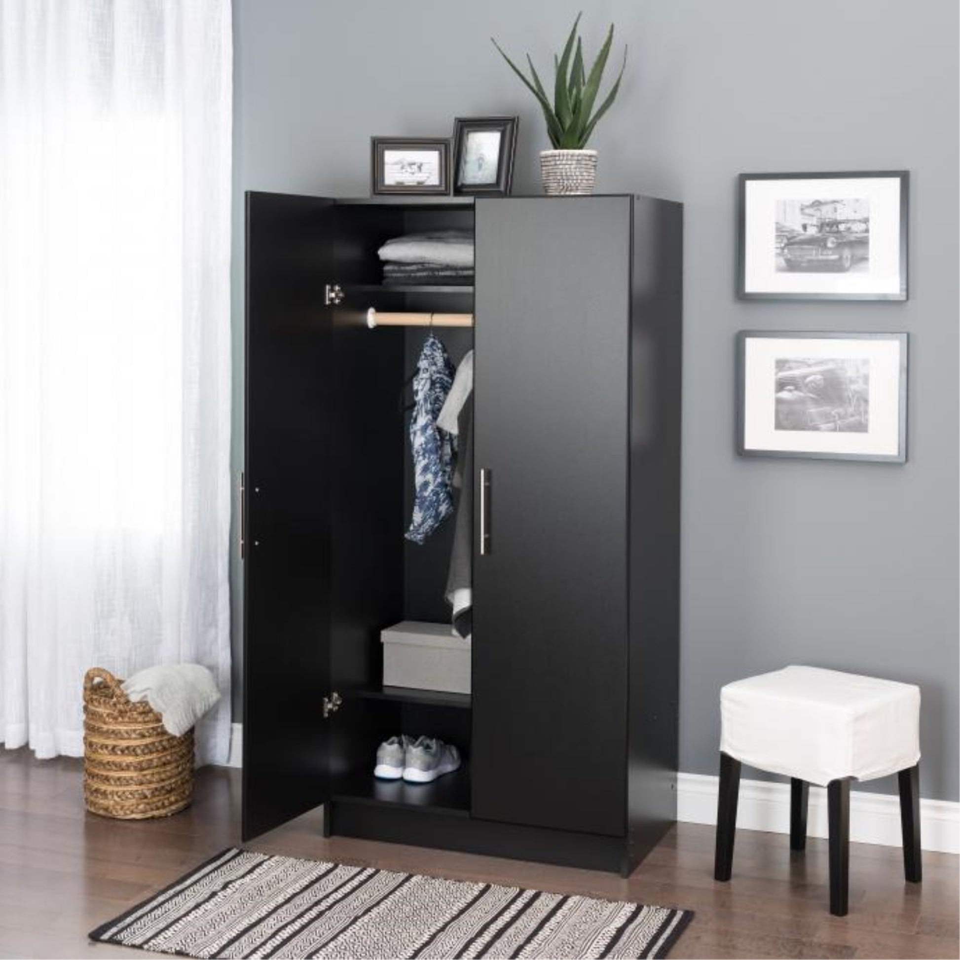 CasaFoyer BEW-3264 Elite 32" Wardrobe Cabinet - Sleek Black Finish, Hanging Rod, Top Shelf, Bottom Shelf. Stackable for Extra Storage.