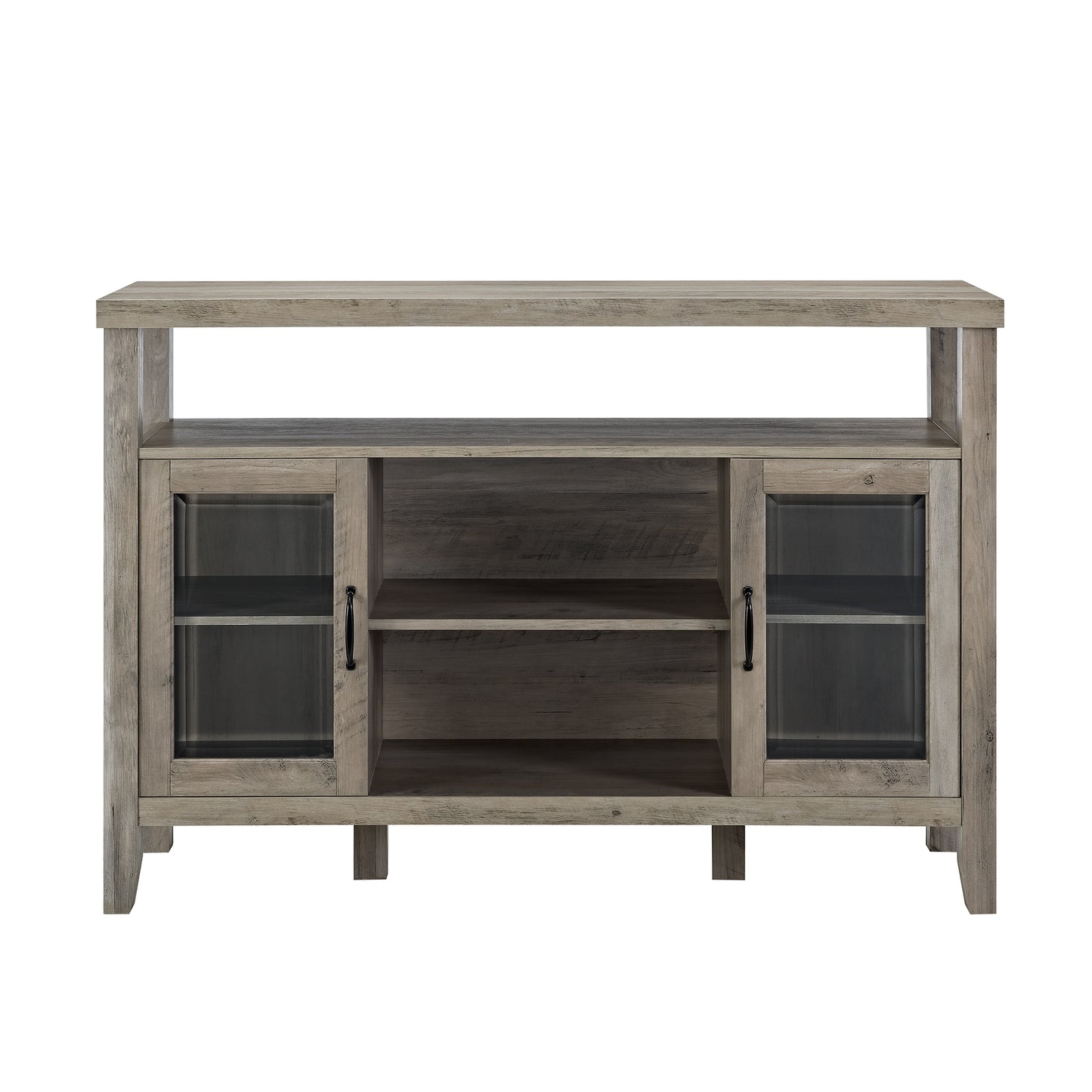 CasaFoyer "Modern Farmhouse High Boy Buffet Console - Spacious Shelf, Glass Doors, Ample Storage - Grey Wash"