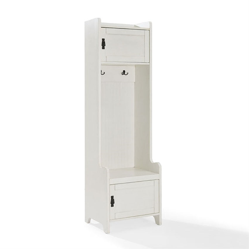 CasaFoyer Fremont Entryway Tower - Coat Hooks, Sliding Cubby, Swing Door Storage - Distressed White - Complements Fremont Collection - Functional & Stylish