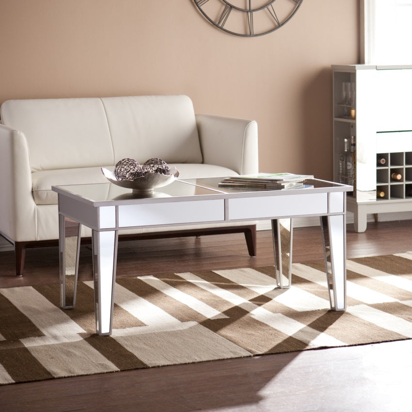 CasaFoyer Hollywood Allure: Elegant Mirrored Cocktail Table for Luxurious Living - Sparkling Surface, Sleek Silver Design, Split Mirror Tabletop - Perfect for Entertaining and Showcasing Favorites.