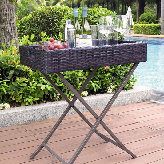 CasaFoyer Steel Wicker Butler Tray - Versatile Side Table & Mini Bar - Resilient Resin Wicker - Durable for Parties & Years of Use