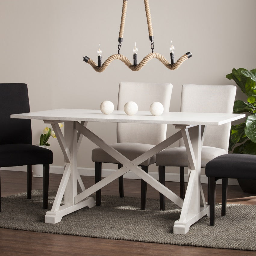 CasaFoyer Exquisite Soft Country Dining Table - Rustic Farmhouse Style with Elegant Wood-Grained Top and X-Frame Legs - Distressed White Finish - Perfect for Kitchen, Game Room, or Dining Space