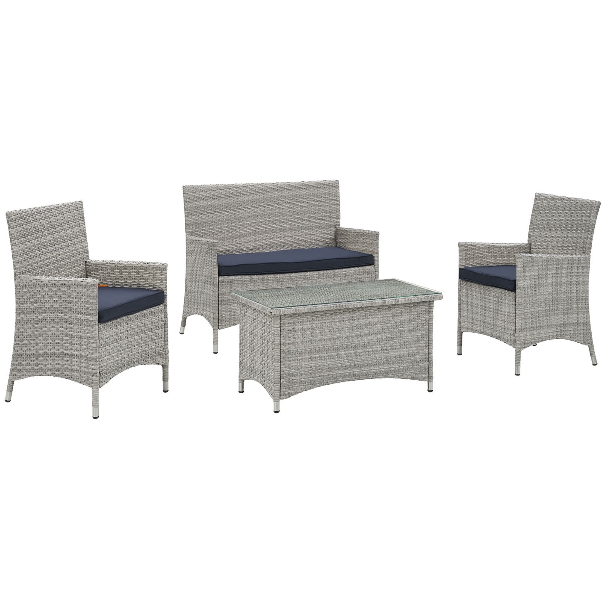 Ergode Bridge Wicker Rattan Outdoor Patio Sectional Sofa Set - Gray Distressed Chic Style. Sturdy Aluminum Frame, Tempered Glass Coffee Table. All-Weather Cushions. Perfect for Contemporary Outdoor Spaces. Includes Loveseat, Armchairs, and Coffee Table.