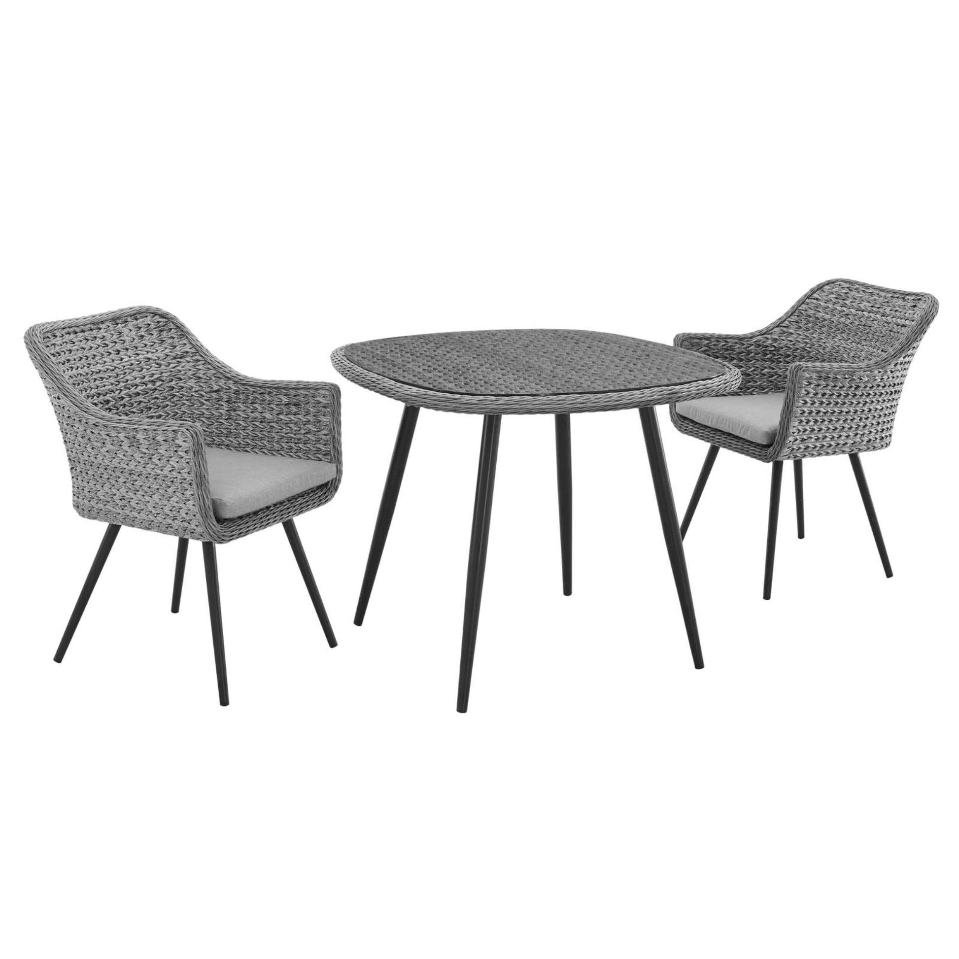 Ergode Endeavor Outdoor Patio Dining Collection - Sleek & Modern Design, Waterproof Aluminum Legs, All-Weather Cushions, Tempered Glass Top, Gray Synthetic Rattan Weave. Perfect for Entertaining & Dining Al Fresco. Includes 36" Dining Table & 2 Armchairs.