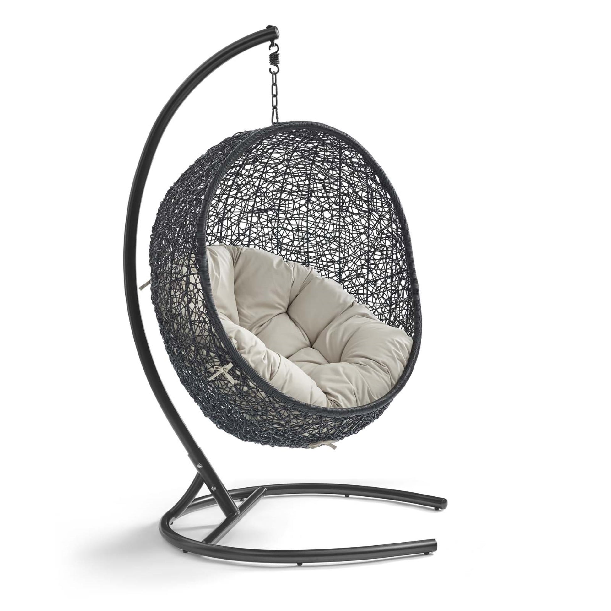 Ergode Encase Outdoor Swing Chair - Transformative Hanging Patio Lounge Chair with Metal Stand and Rattan Seat - Beige