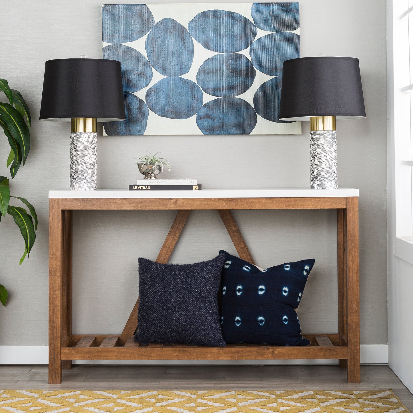 CasaFoyer 52" A-Frame Console Table - Rustic Charm, Marble/Walnut Finish, Spacious Tabletop & Bottom Shelf, High-Grade MDF & Durable Laminate