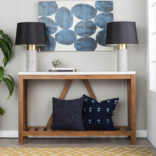 CasaFoyer 52" A-Frame Console Table - Rustic Charm, Marble/Walnut Finish, Spacious Tabletop & Bottom Shelf, High-Grade MDF & Durable Laminate