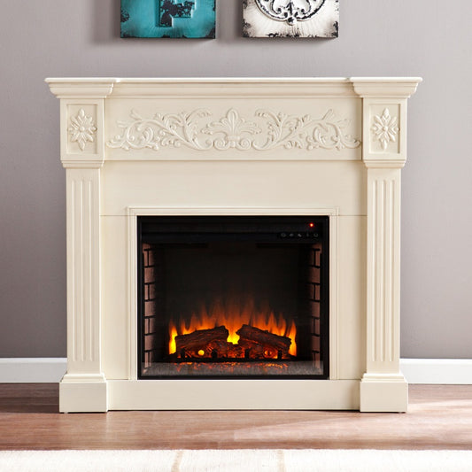 CasaFoyer Classic Ivory Electric Fireplace with LED Technology - Energy Efficient, Remote Control, Easy Installation - Calvert Carved Design