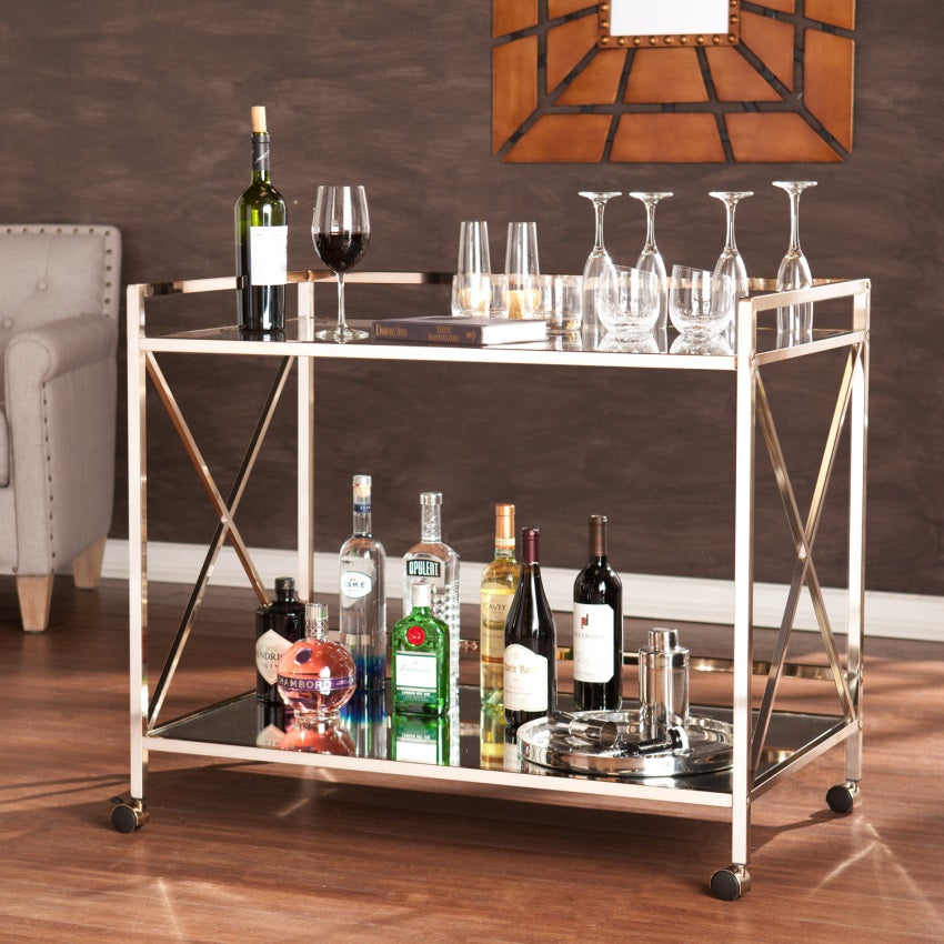 CasaFoyer Gatsby-inspired Gold Bar Cart with Mirrored Shelf and Glass Tabletop - Elegant and Spacious Design for Hosting Soires - Maxton