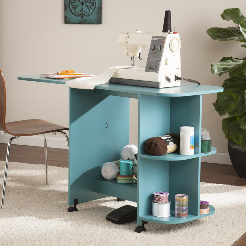 CasaFoyer Turquoise Expandable Craft Station with Folding Design, Side Shelves, and Locking Casters - Space-saving and Stylish Sewing Table (Sewing Machine Not Included)